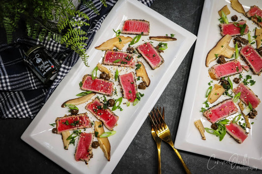 Tataki de thon, mayonnaise a l'ail noir et shiitakes mariné !